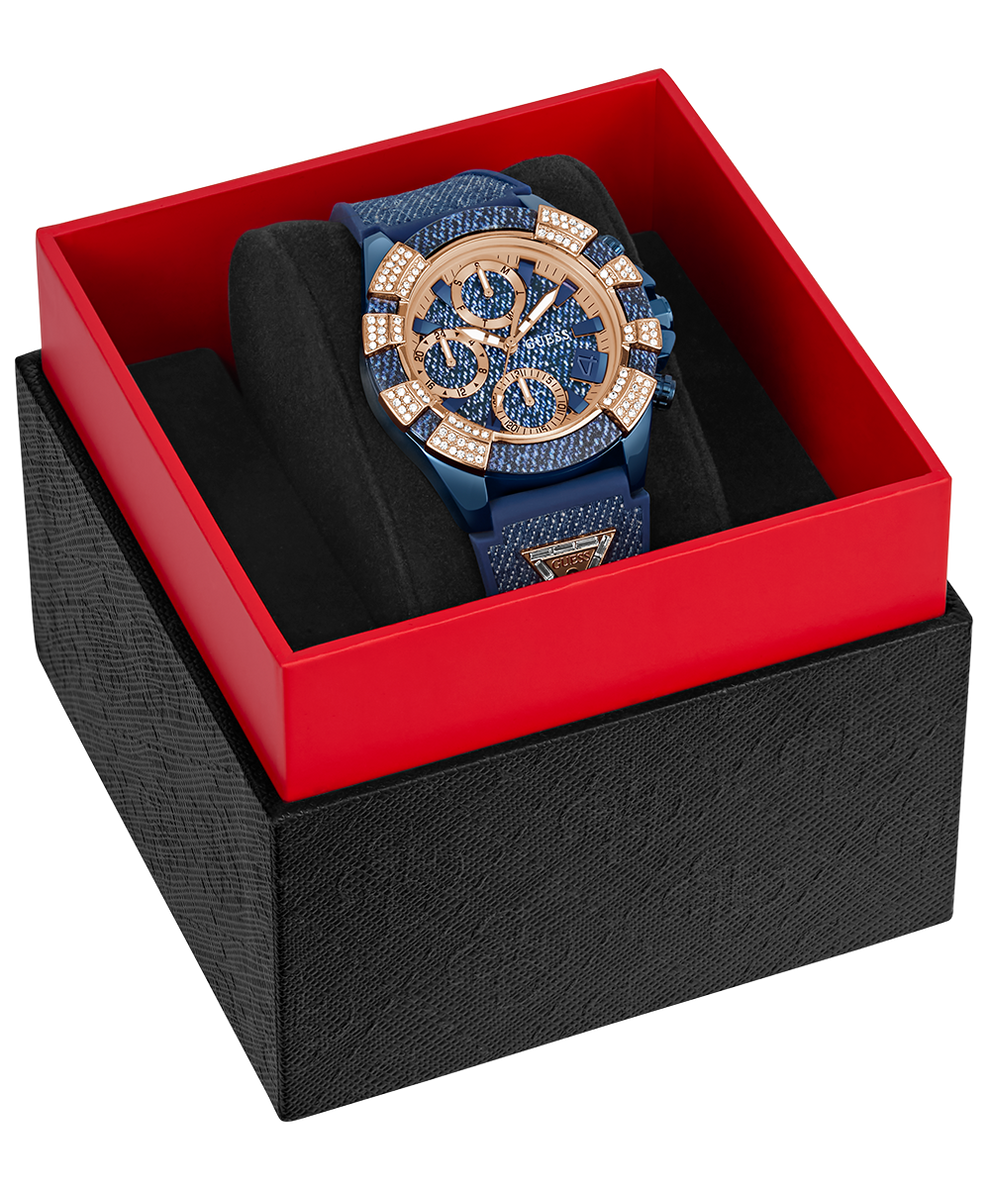 40th Anniversary Special Edition GUESS Ladies Blue Rose Gold Tone Multi-function Watch packaging in box