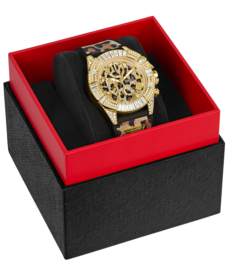 40th Anniversary Special Edition GUESS Ladies Leopard Gold Tone Multi-function Watch watch in box