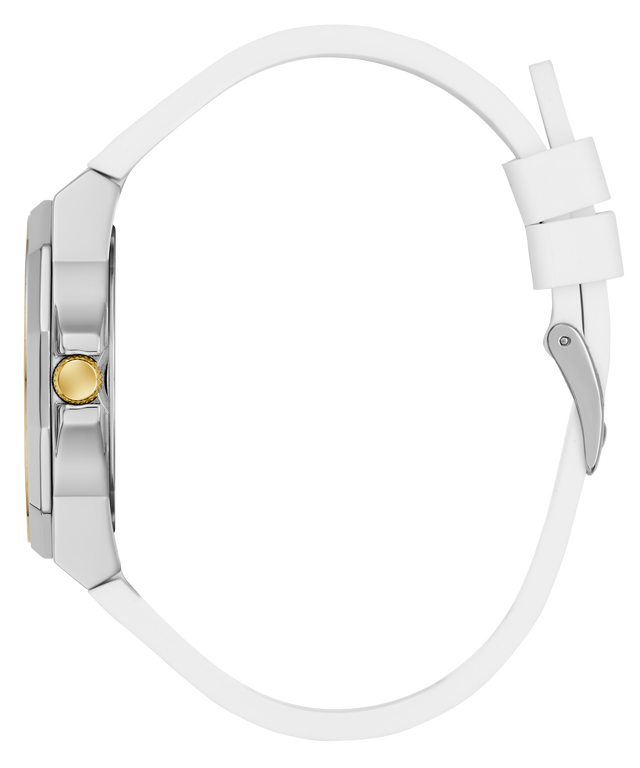 Watch with a white strap and silver case on a white background