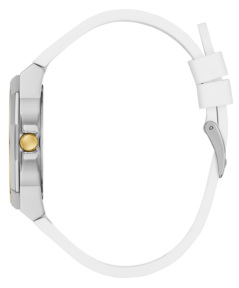 Watch with a white strap and silver case on a white background