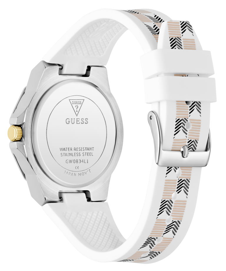 GW0834L1 GUESS Ladies White 2-Tone Analog Watch caseback
