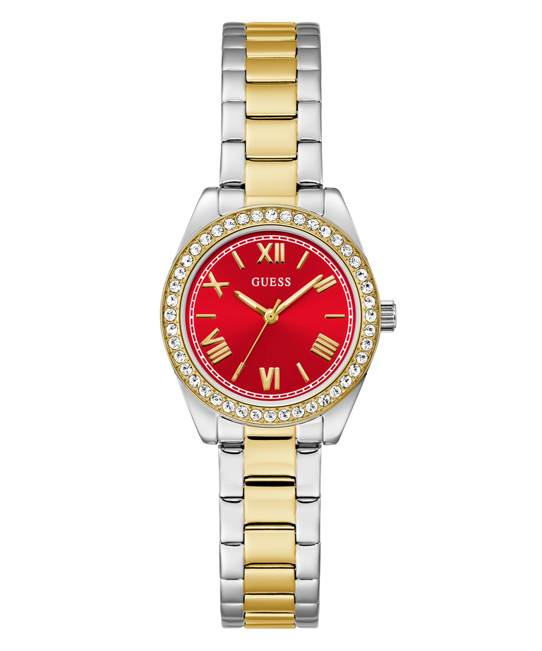 GUESS Ladies 2-Tone Analog Watch with a red face on a white background