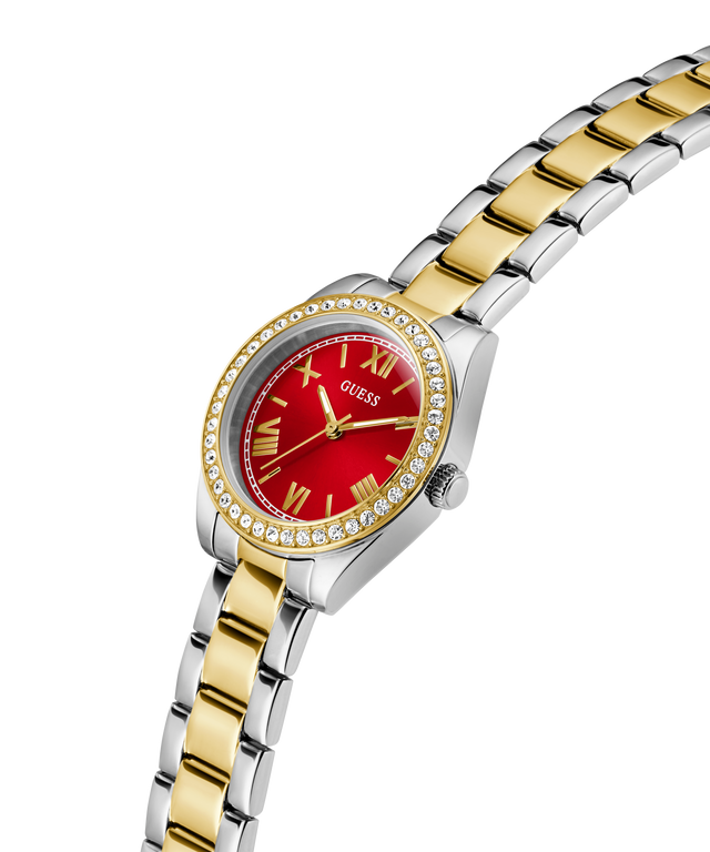Two-tone watch with a red face on a white background lifestyle