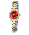 GUESS Ladies 2-Tone Analog Watch with a red face and gold accents on a white background