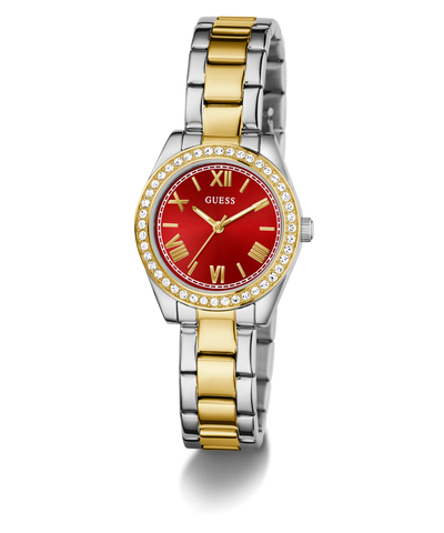 GUESS Ladies 2-Tone Analog Watch with a red face and gold accents on a white background