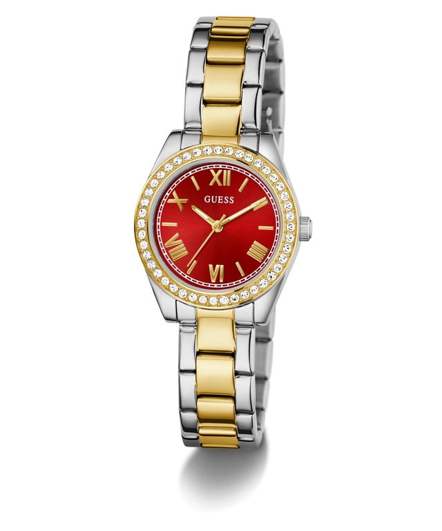 GUESS Ladies 2-Tone Analog Watch with a red face and gold accents on a white background