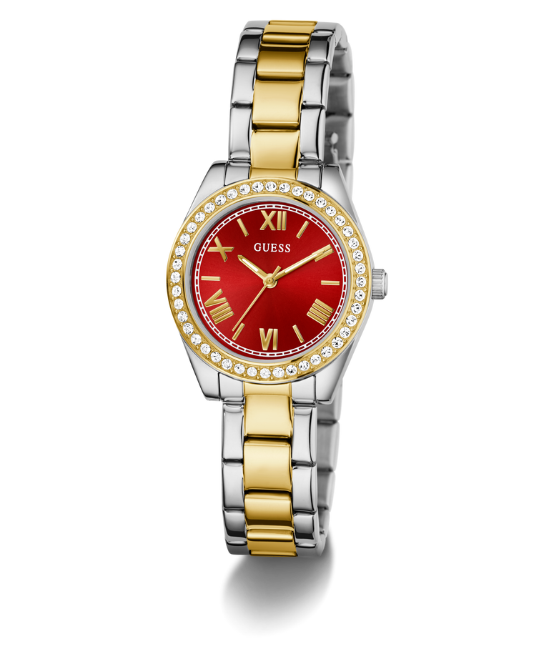 GUESS Ladies 2-Tone Analog Watch with a red face and gold accents on a white background