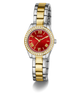 GUESS Ladies 2-Tone Analog Watch with a red face and gold accents on a white background