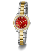 GUESS Ladies 2-Tone Analog Watch with a red face and gold accents on a white background