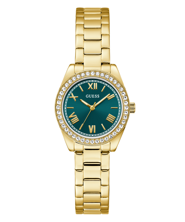 GUESS Ladies Mini Luna Gold Tone Analog Watch with a teal face and crystal accents on a white background