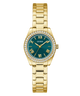 GUESS Ladies Mini Luna Gold Tone Analog Watch with a teal face and crystal accents on a white background