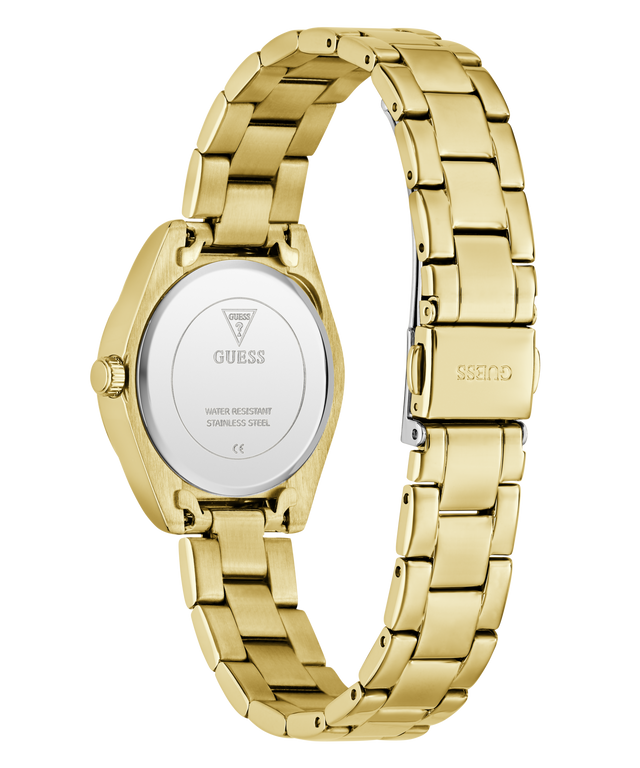 Gold watch with a visible brand logo on a white background
