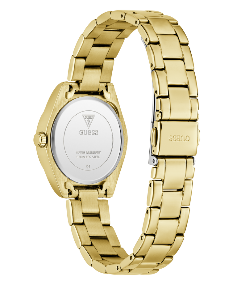 Gold watch with a visible brand logo on a white background