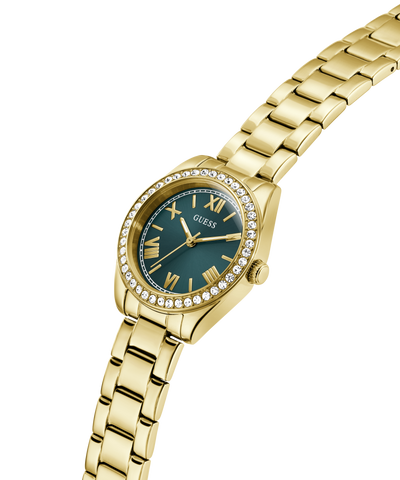Gold watch with a teal face on a white background lifestyle