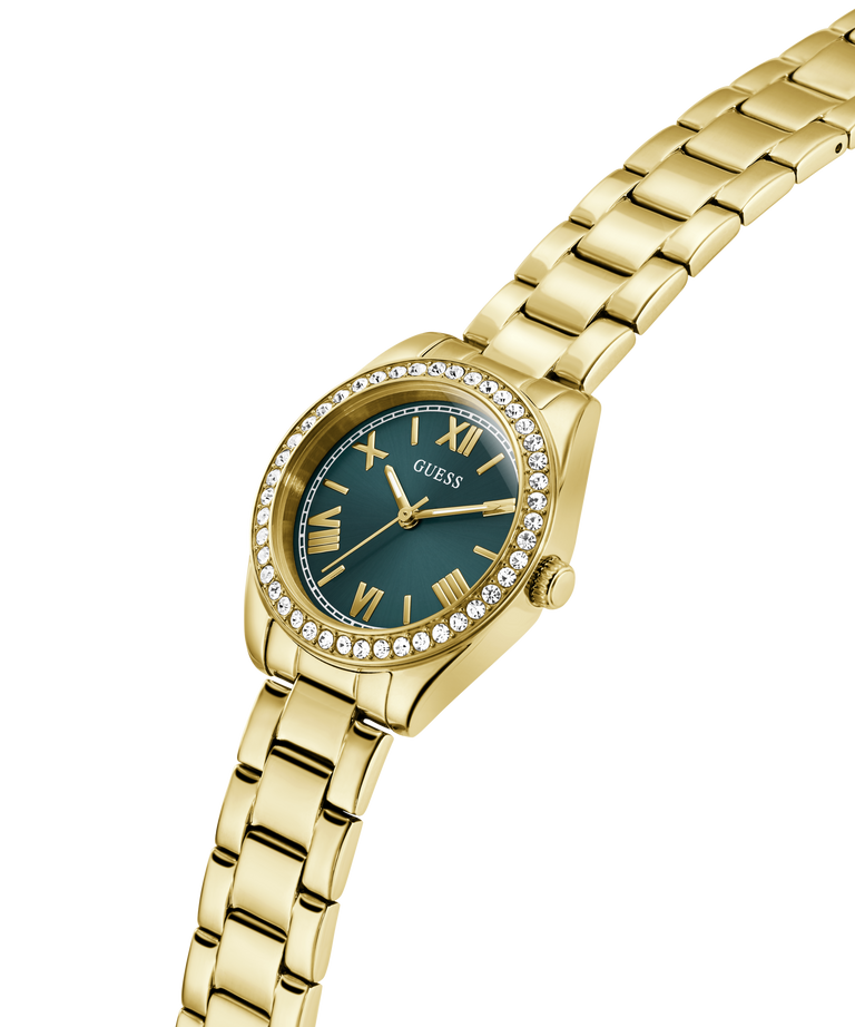 Gold watch with a teal face on a white background lifestyle
