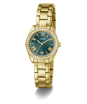 GUESS Ladies Mini Luna Gold Tone Analog Watch with a green dial on a white background
