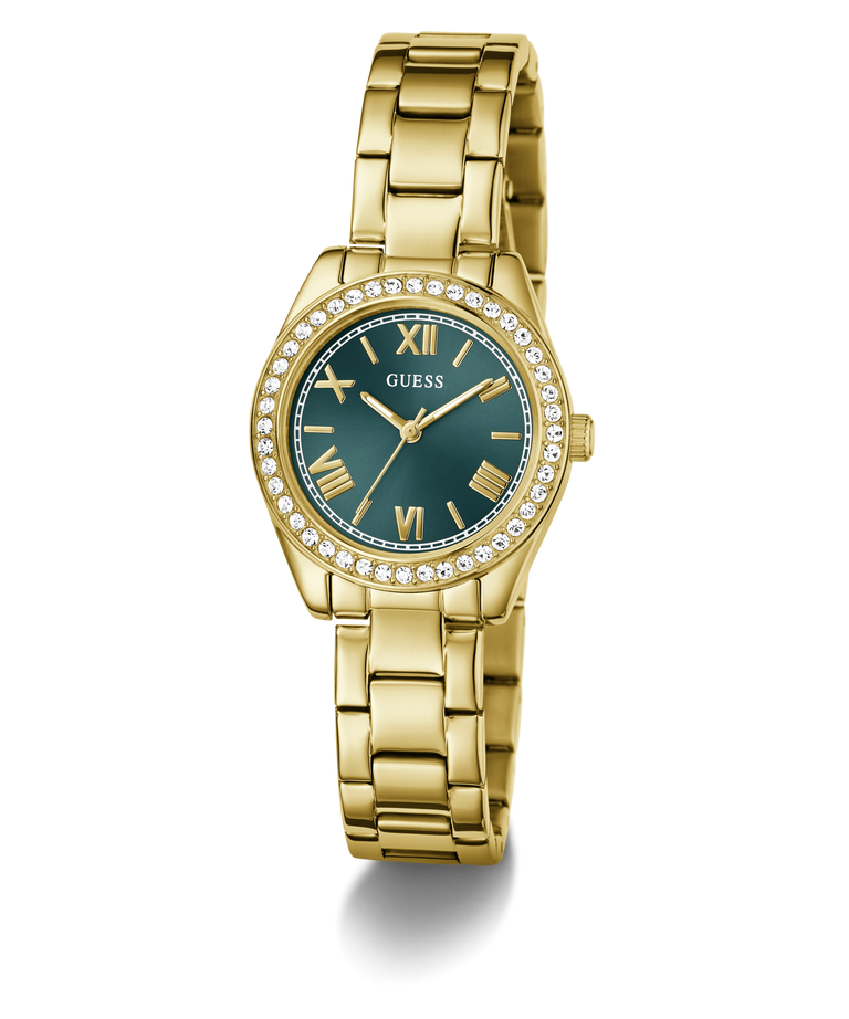 GUESS Ladies Mini Luna Gold Tone Analog Watch with a green dial on a white background