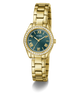 GUESS Ladies Mini Luna Gold Tone Analog Watch with a green dial on a white background
