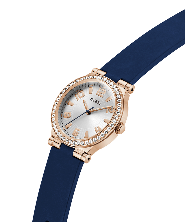 GW0844L3 GUESS Ladies Blue Rose Gold Tone Analog Watch lifestyle angle