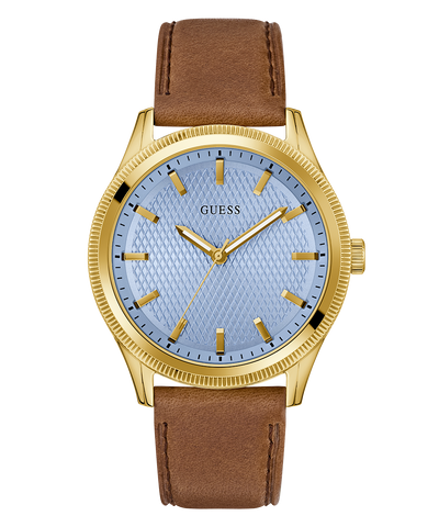 Guess watch with gold case, blue dial, and brown leather strap on a white background