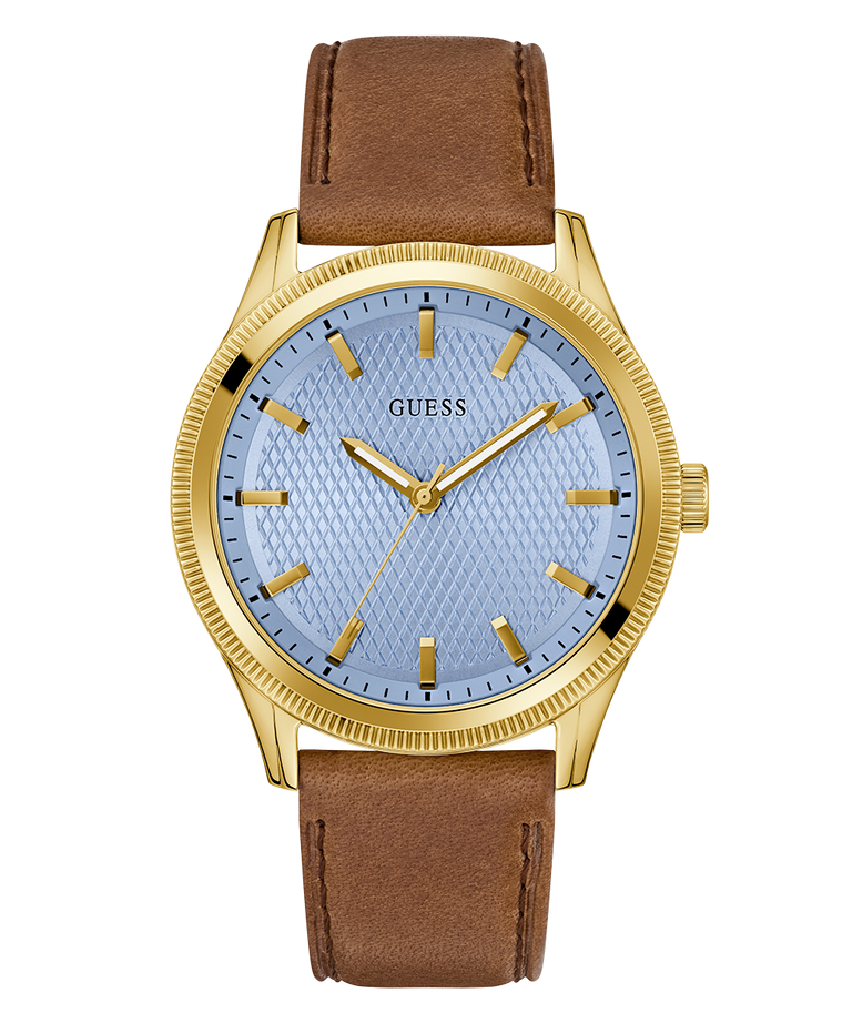 Guess watch with gold case, blue dial, and brown leather strap on a white background