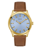 Guess watch with gold case, blue dial, and brown leather strap on a white background