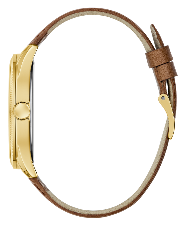 GUESS Mens Brown Gold Tone Analog Watch with gold case and brown leather strap on a white background