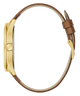 GUESS Mens Brown Gold Tone Analog Watch with gold case and brown leather strap on a white background