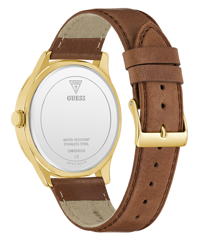 GUESS Mens Brown Gold Tone Analog Watch with brown leather strap and gold casing on a white background
