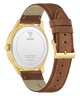 GUESS Mens Brown Gold Tone Analog Watch with brown leather strap and gold casing on a white background