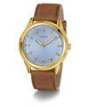 GUESS Mens Brown Gold Tone Analog Watch with a blue face and brown leather strap on a white background