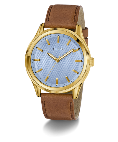 GUESS Mens Brown Gold Tone Analog Watch with a blue face and brown leather strap on a white background