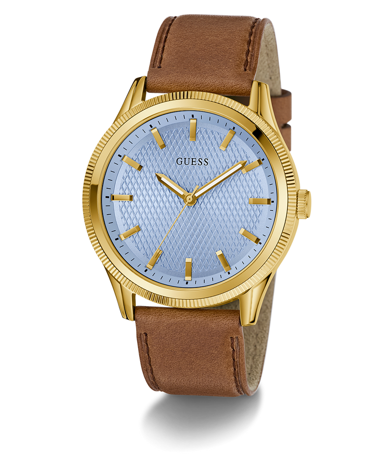 GUESS Mens Brown Gold Tone Analog Watch with a blue face and brown leather strap on a white background