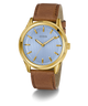 GUESS Mens Brown Gold Tone Analog Watch with a blue face and brown leather strap on a white background