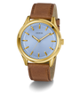GUESS Mens Brown Gold Tone Analog Watch with a blue face and brown leather strap on a white background