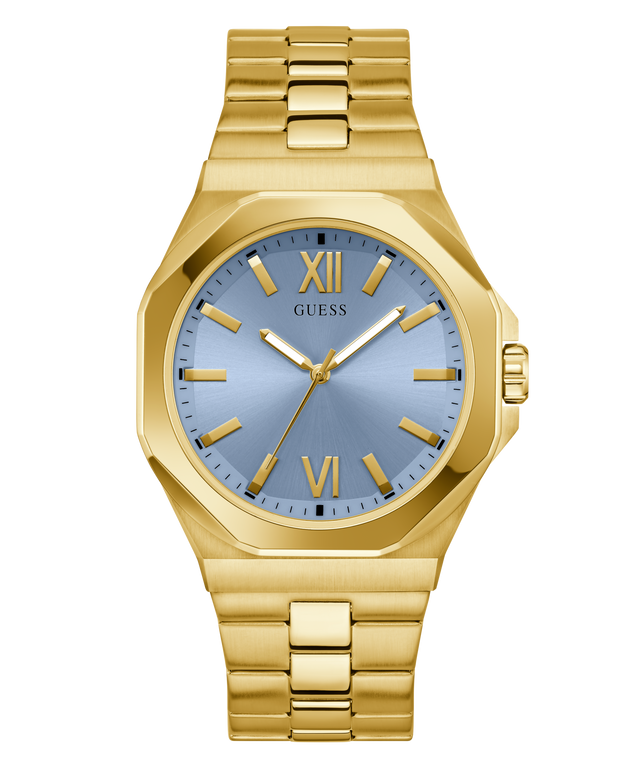 GUESS Mens Gold Tone Analog Watch with a blue face and 'GUESS' branding on a white background