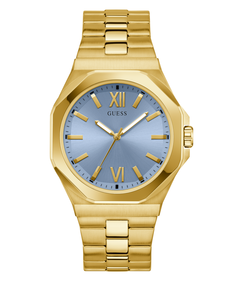 GUESS Mens Gold Tone Analog Watch with a blue face and 'GUESS' branding on a white background