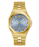 GUESS Mens Gold Tone Analog Watch with a blue face and 'GUESS' branding on a white background