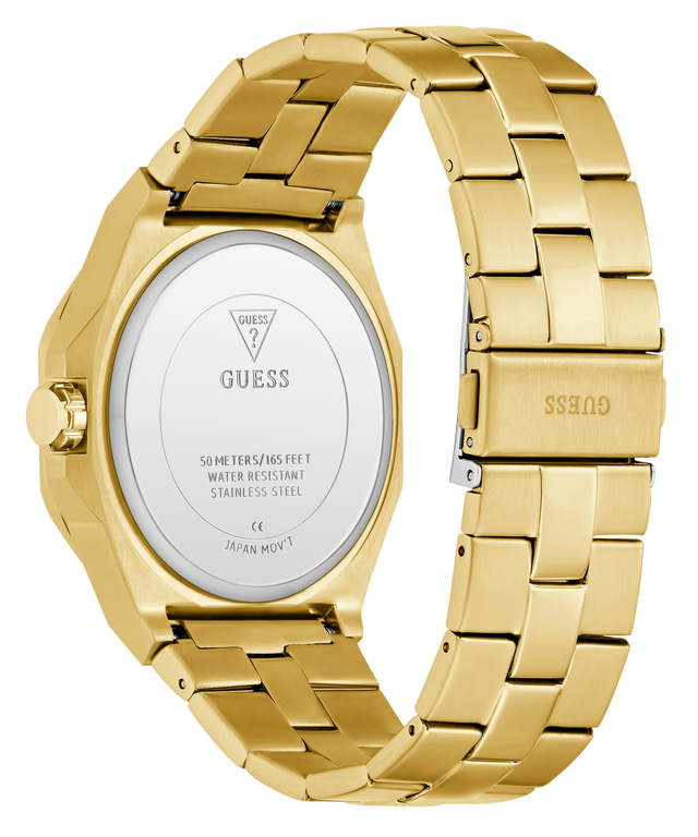 GUESS Mens Gold Tone Analog Watch with metal band on a white background