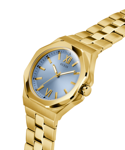 GUESS Mens Gold Tone Analog Watch with a light blue face and Roman numeral markers on a white background lifestyle