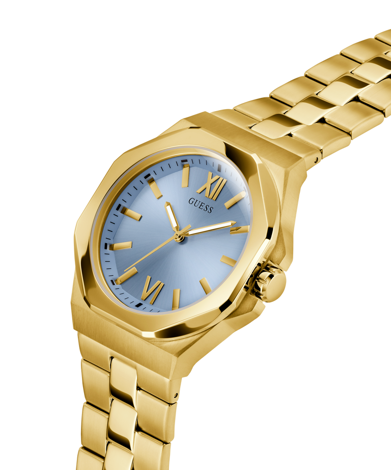 GUESS Mens Gold Tone Analog Watch with a light blue face and Roman numeral markers on a white background lifestyle