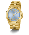 GUESS Mens Gold Tone Analog Watch with a light blue dial on a white background