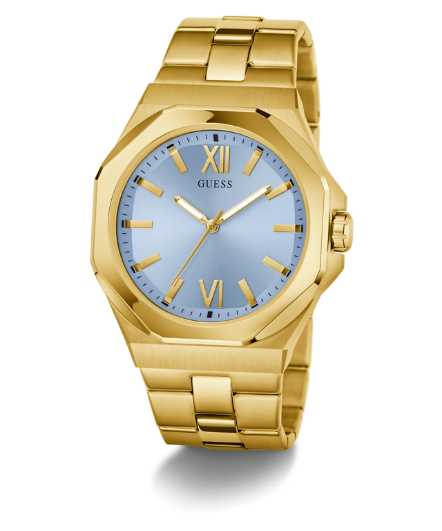 GUESS Mens Gold Tone Analog Watch with a light blue dial on a white background