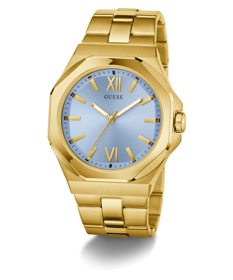 GUESS Mens Gold Tone Analog Watch with a light blue dial on a white background