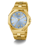 GUESS Mens Gold Tone Analog Watch with a light blue dial on a white background