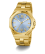 GUESS Mens Gold Tone Analog Watch with a light blue dial on a white background