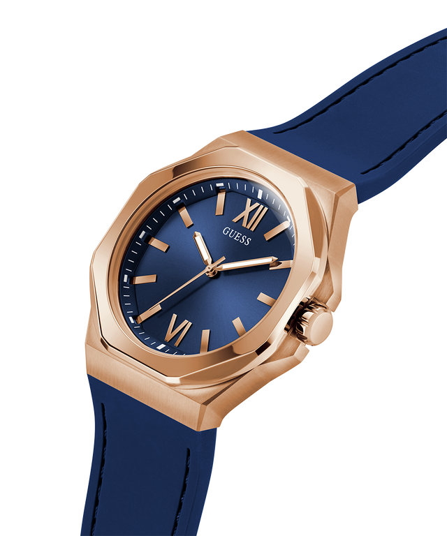 GW0850G3 GUESS Mens Blue Rose Gold Tone Analog Watch lifestyle angle