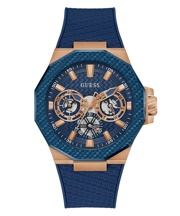 GW0853G3 GUESS Mens Blue Rose Gold Tone Multi-function Watch