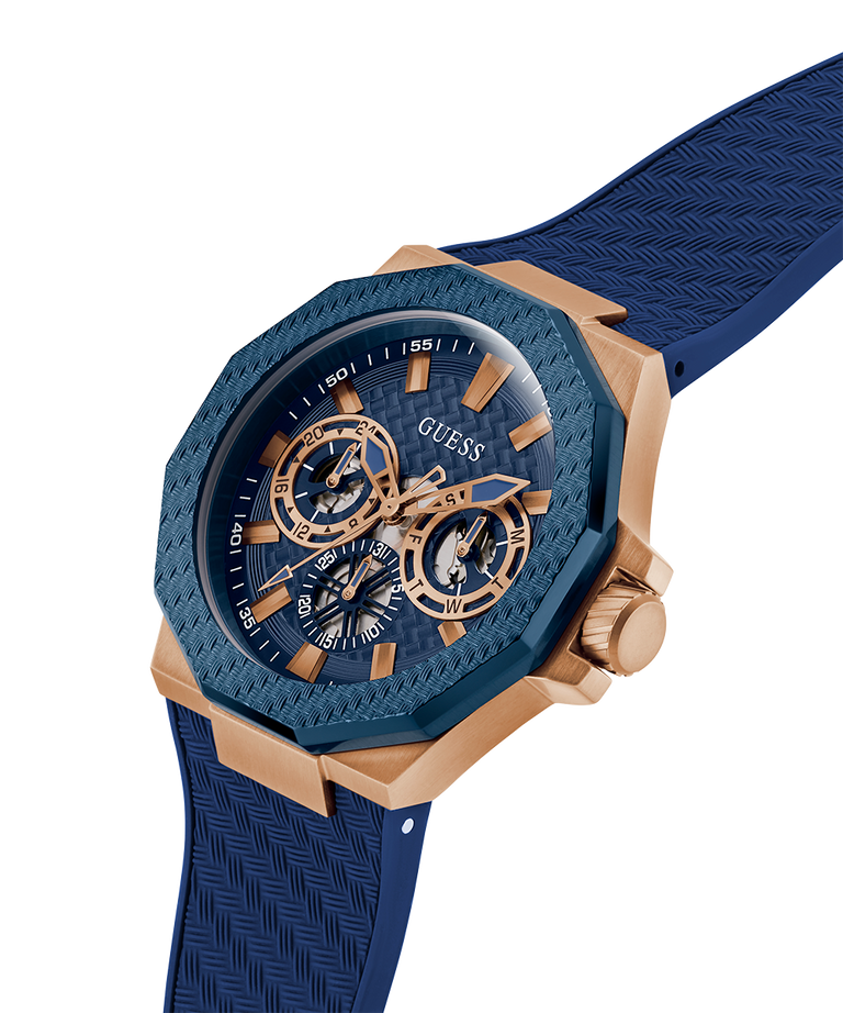 GW0853G3 GUESS Mens Blue Rose Gold Tone Multi-function Watch lifestyle angle