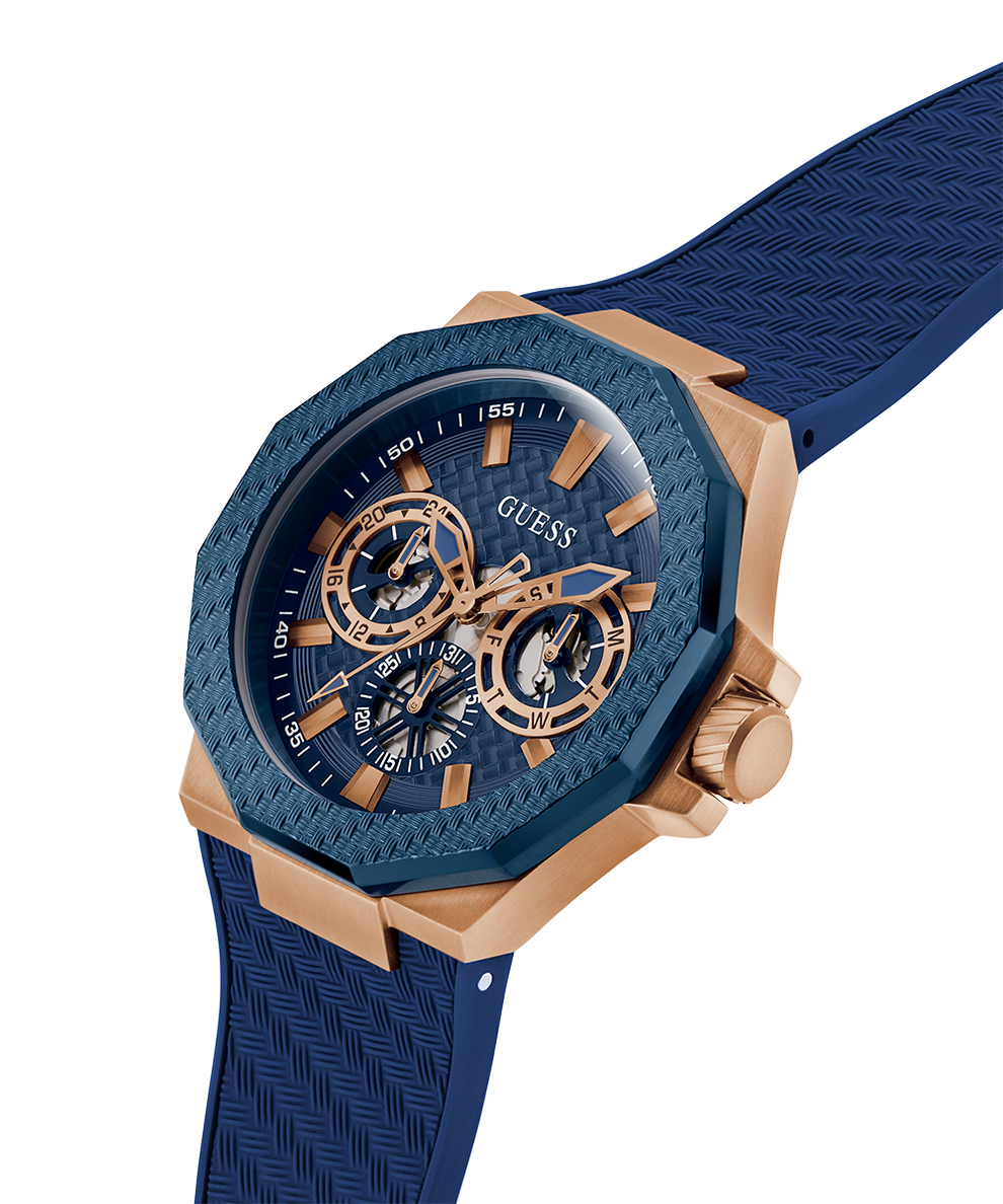 GW0853G3 GUESS Mens Blue Rose Gold Tone Multi-function Watch lifestyle angle